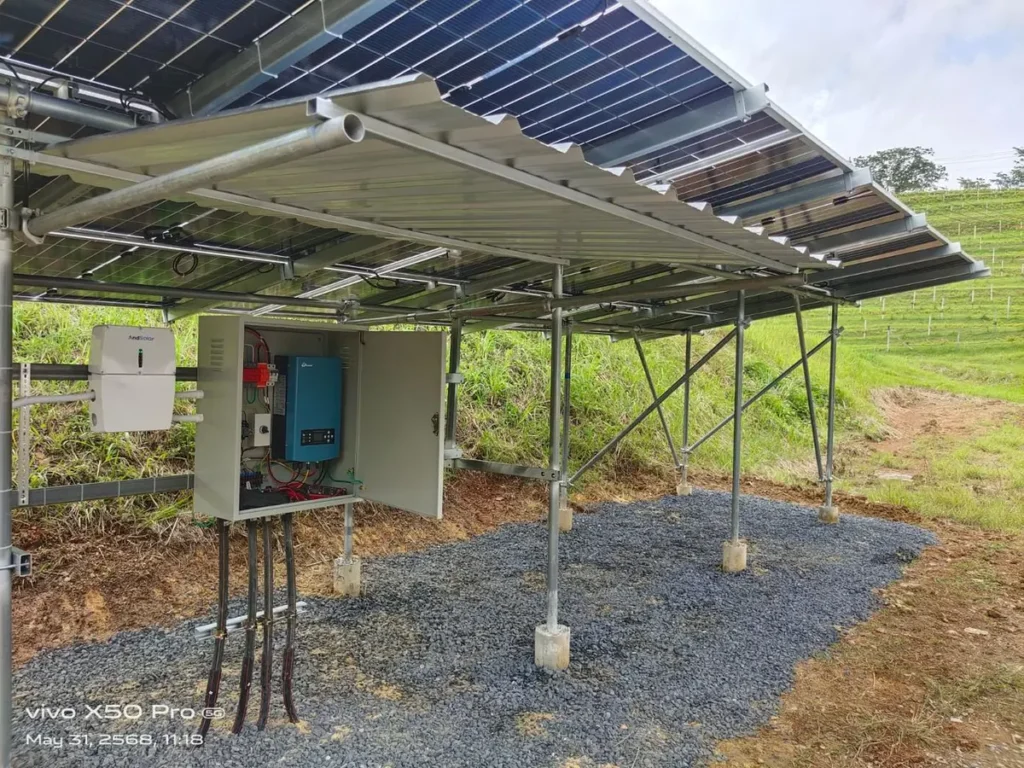Solar array beside a shelter at a field site